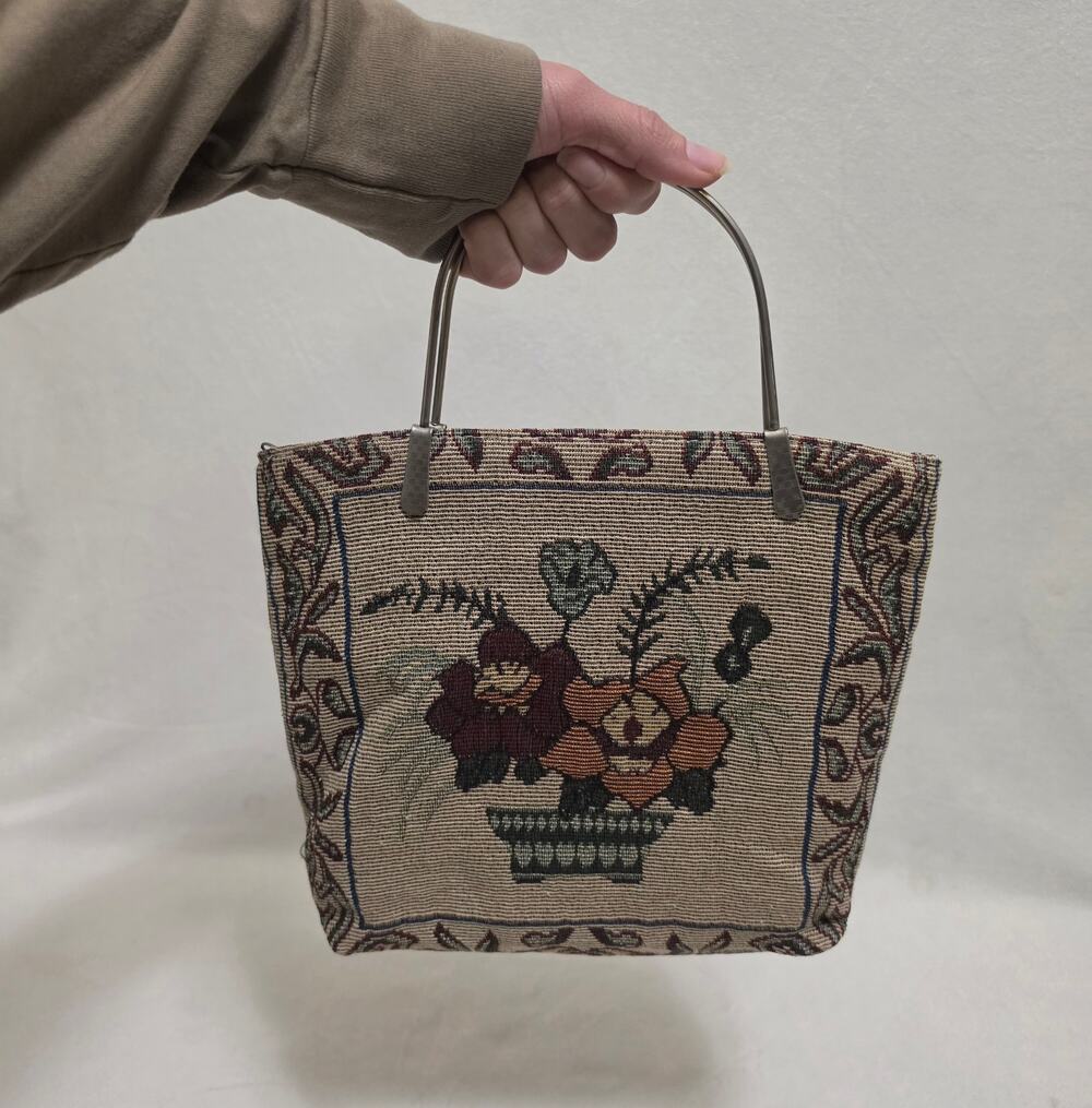 Vintage Woven Floral Tapestry Handbag Silver Metal Handles Tote Bag
